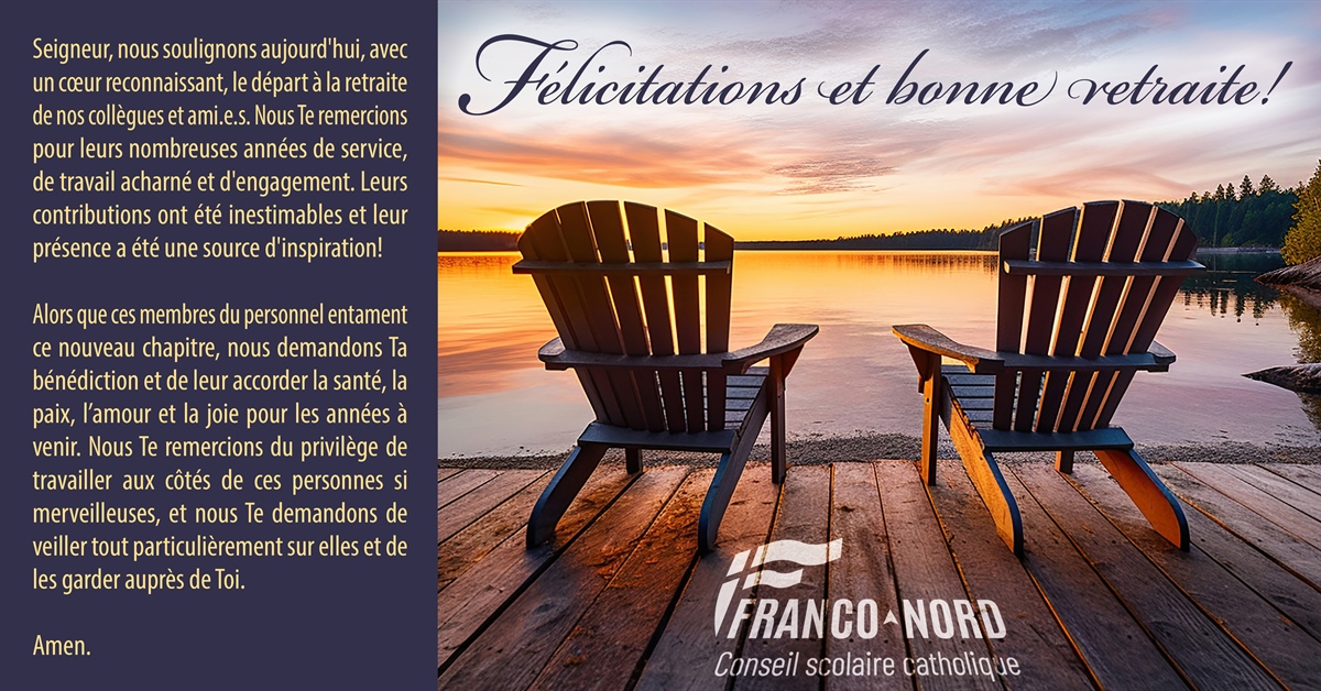 Félicitations et merci d’avoir choisi de vivre votre passion pour l’éducation catholique de langue française au sein du Franco-Nord!